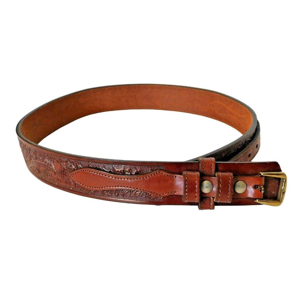 Circle Y of Yoakum Brown Leather Belt Size 30 Embossed Hand Made in Texas